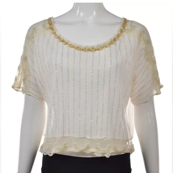 Free People Vintage Ivory Short Sleeve Beaded Wide Neck Blouse (Size S) - Picture 1 of 12